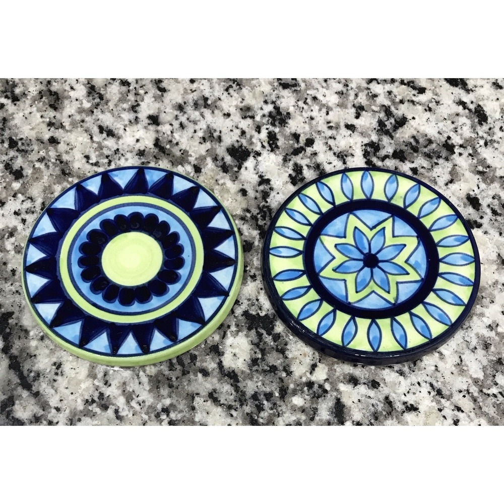Pair of Pier One Ceramic Coasters Vibrant Blue Green Star Round Set Of 2